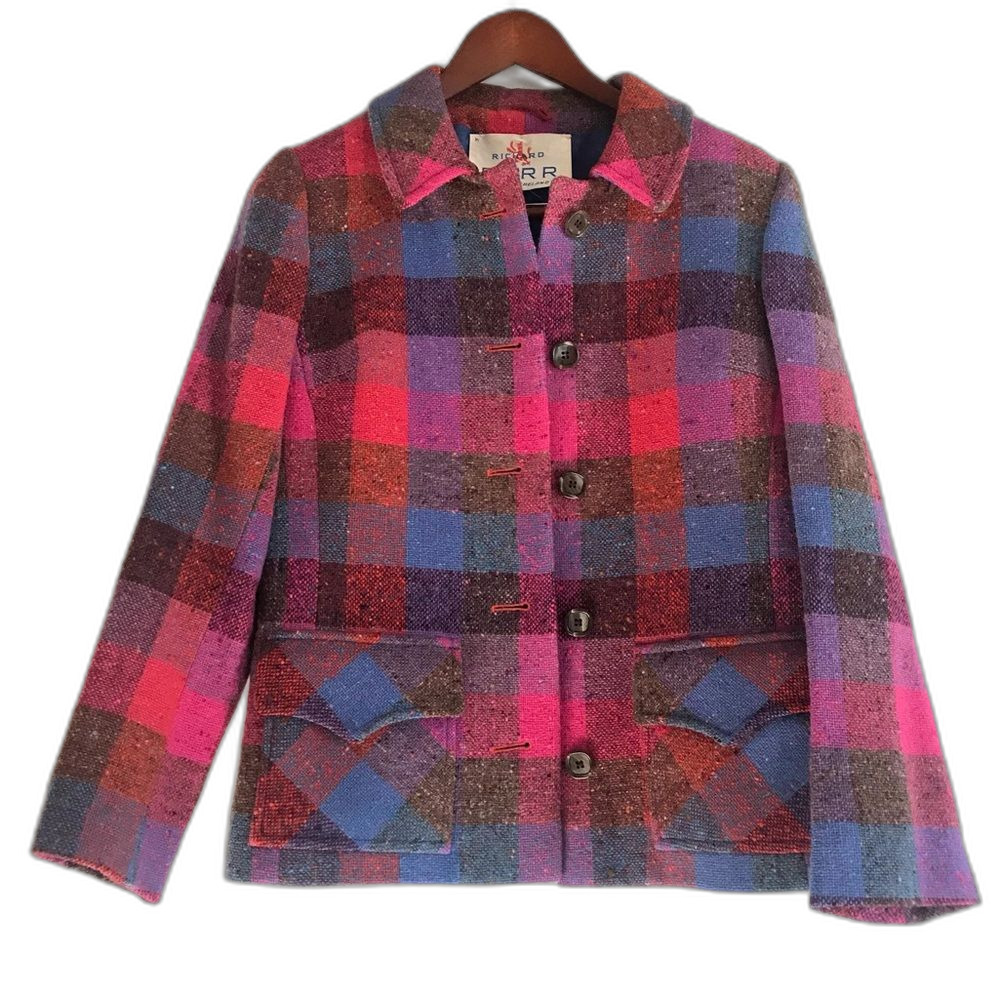 Vintage 1970s-Era Richard Barr Ireland Bright Pink Plaid 100% Wool Blazer Jacket - Picture 6 of 11